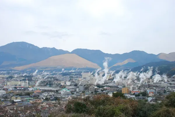鶴見岳と湯けむりが広がる別府市街地の風景